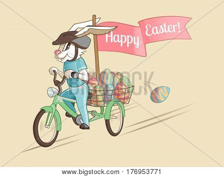 Rabbit driver of Easter eggs. Vector illustration.
