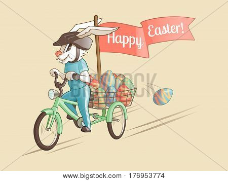 Rabbit driver of Easter eggs. Vector illustration.