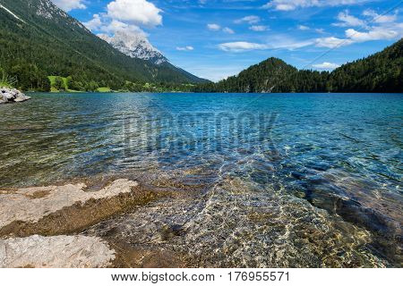 Mountain lake with clear water. Austria Tirol Hintersteiner Lake Wilder Kaiser Nature Reserve