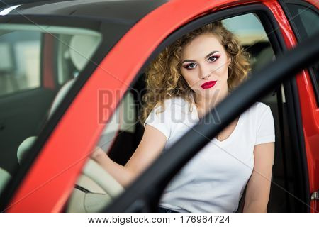 Smiling woman sitting in car with open door