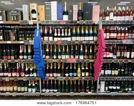 READING - MARCH 12, 2017: Bottles of Champagne and Sparkling Wine for sale at Marks and Spencer (M&S) Simply Food in Lower Earley, Reading, Berkshire, UK.