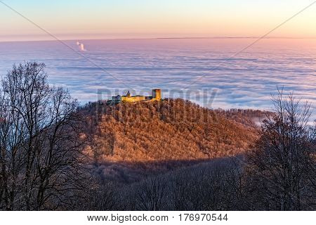 Aerial view of Zagreb over the old town Medvedgrad, capital of Croatia hidden beneath the clouds.