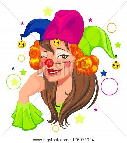 Fools Day woman clown. Isolated on white vector cartoon illustration