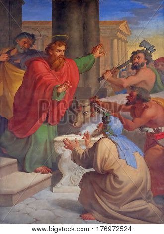 ROME, ITALY - SEPTEMBER 05: The fresco with the image of the life of St. Paul: Paul and Barnabas Taken for Gods, basilica of Saint Paul Outside the Walls, Rome, Italy on September 05, 2016.
