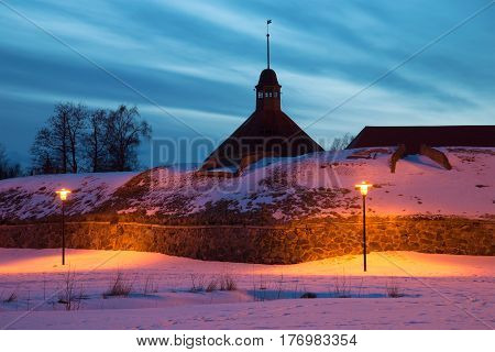February evening at the bastion of on ancient Korela fortress. Priozersk, Russia