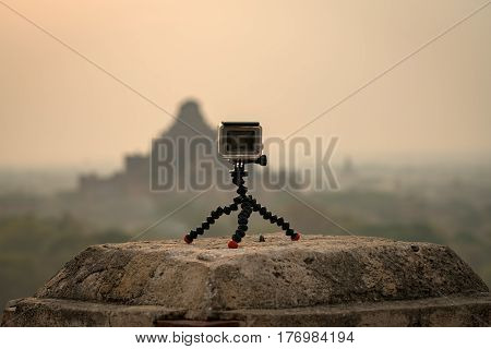 Action camera record timelapse view old bagan pagoda MandalayMyanmar