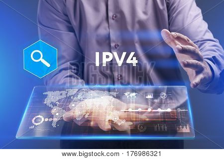 Business, Technology, Internet And Network Concept. Young Businessman Working On A Virtual Screen Of