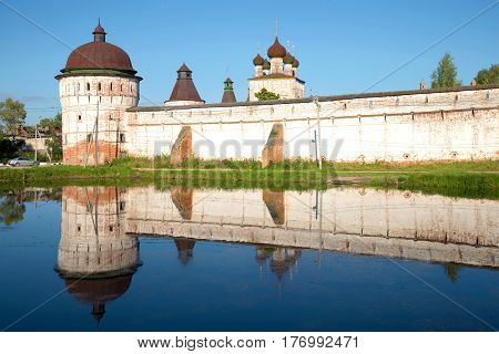 At walls of the Borisoglebsky Rostov Monastery in the August evening. Yaroslavl region, Russia