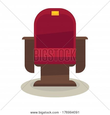 Cinema or theatre chair with velvet lining isolated on white background. Comfortable armchair vector illustration. Red seat with golden plate number and brown armrests for convenient film viewing