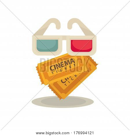 3D movie glasses and two brown vintage paper tickets isolated on white. Vector flat illustration of clients elements set for watching special films and permission in hall. Cinema entertaining concept