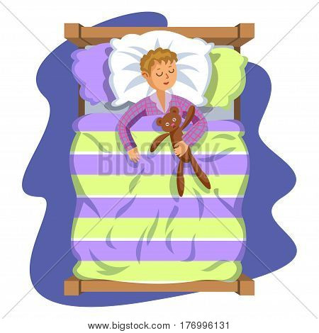 Cartoon smile little boy sleeping in the bed with teddy bear. Sweet dreams. Kid's activity. Vector Illustration