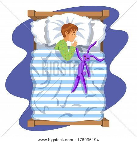Boy sleep bedtime in his bedroom bed with toy bunny. Cartoon sleeping baby. Good night time. Bedtime. Vector Illustration