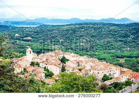 High Side View Beautiful Village In South Of France, Ramatuelle Village With Many House In Deferent 