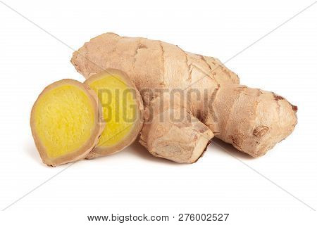 Fresh Ginger Root And Slice Isolated On White Background