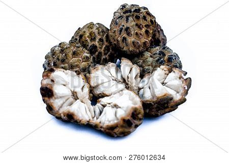 Close Up Of Raw Organic Sitaphal Or Sugar Apple Or Custard Apple Isolated On White.