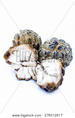 Close Up Of Raw Organic Sitaphal Or Sugar Apple Or Custard Apple Isolated On White.