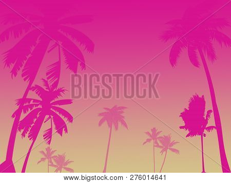 Pink Silhouettes Of Palm Trees On A Pink Red Background, Sunset Imitation, Illustration