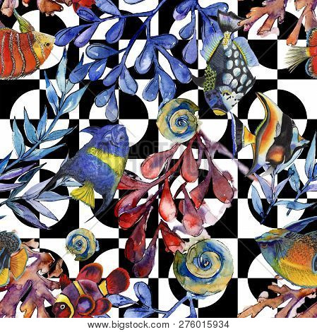 Watercolor Aquatic Underwater Colorful Tropical Fish Illustration Set. Seamless Background Pattern.