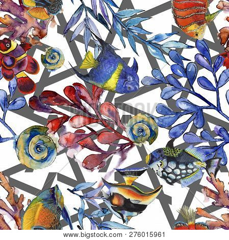 Watercolor Aquatic Underwater Colorful Tropical Fish Illustration Set. Seamless Background Pattern.