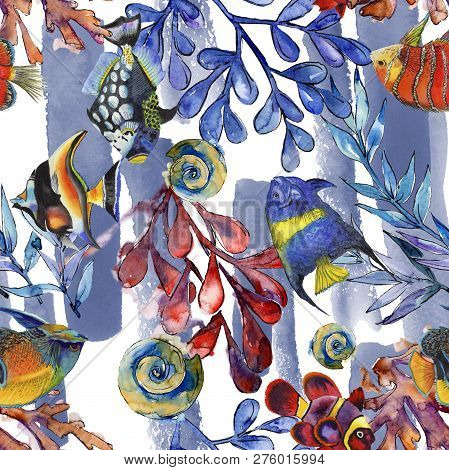 Watercolor Aquatic Underwater Colorful Tropical Fish Illustration Set. Seamless Background Pattern.