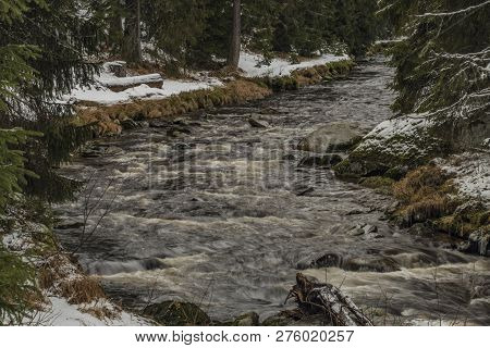 Roklansky Creek Near Modrava Village In National Park Sumava In Winter Day