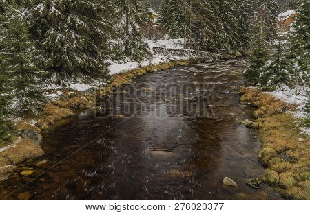 Roklansky Creek Near Modrava Village In National Park Sumava In Winter Day