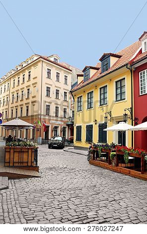 Riga, Latvia - August 28, 2018: View Of Old Buildings And Hotel Justus (on The Corner) On Jauniela S