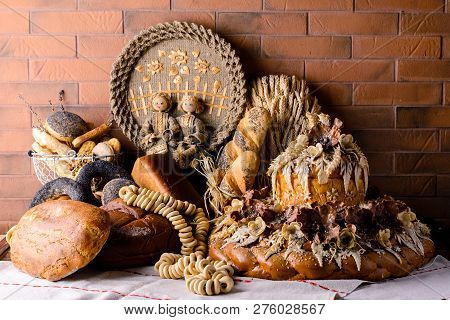 Karavay, Loaf Traditional Bread. Loaf With Floral Patern Of Flowers And Leaves. Ukrainian National T