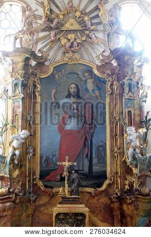 BRONNBACH, GERMANY - JULY 07, 2018: Saint Jude the Apostle altar in Cistercian Abbey of Bronbach in Reicholzheim near Wertheim, Germany