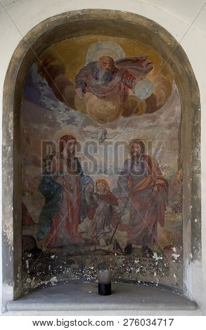 LUCERNE, SWITZERLAND - JUNE 24, 2018: Holy Family, fresco in church of St. Leodegar in Lucerne, Switzerland