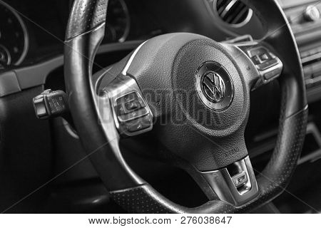 Moscow. November 2018. Multifunctional Steering Wheel Volkswagen. R-line. Leather. With Paddle Shift