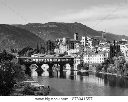 The Old Wooden Bridge Spans The River Brenta At The Romantic Village Basano Del Grappa