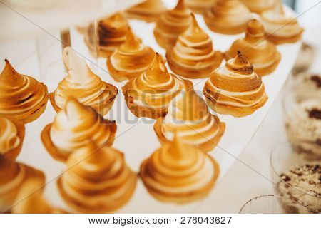 Assortment Of Pieces Of Cake On Messy Table, Copy Space. Several Slices Of Delicious Desserts, Resta