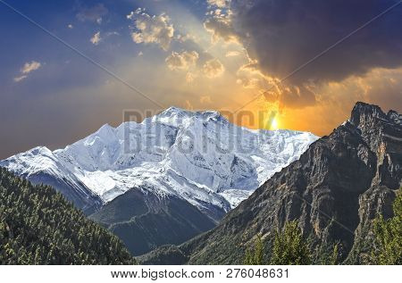 Sunrise In Upper Pisang, View Of The Annapurna Range In White
