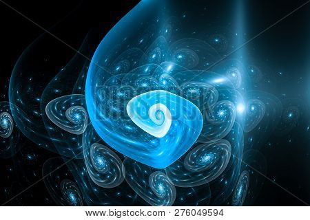 Blue Glowing Multiple Fibonacci Spirals In Multiverse, Golden Ration, Computer Generated Abstract Ba