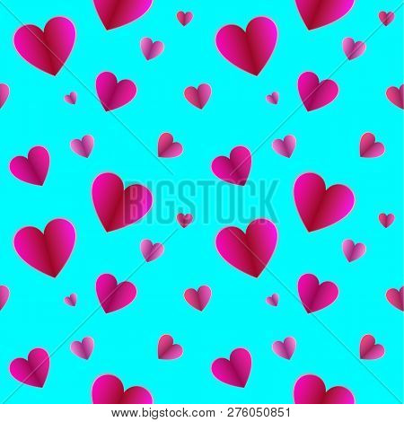 Vector Semless Pattern, Hearts On Light Blue Background, Valentines Day Background, Cian And Magenta