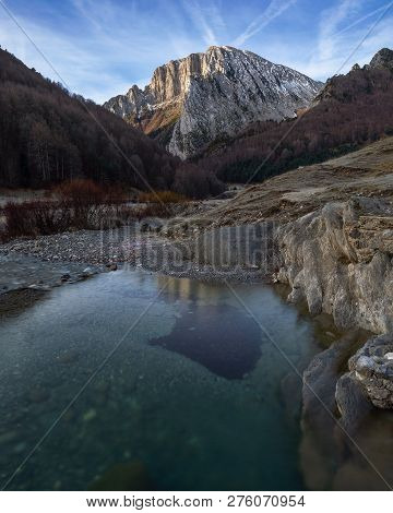 Ezcaurre Peak Over Veral River In Zuriza, Huesca