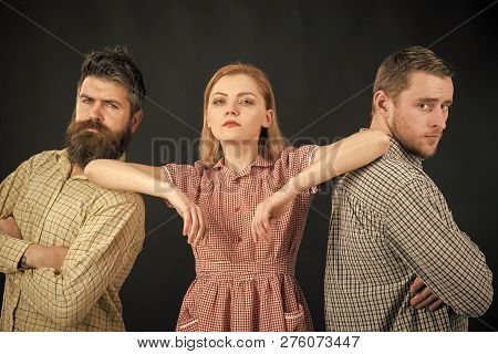 Vintage Fashion Concept. Men And Woman On Pensive Faces On Black Background. Men In Checkered Clothe