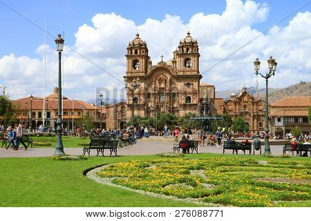 Beautiful Iglesia De La Compania De Jesus Church On The Plaza De Armas Square In Cusco, Peru, South 
