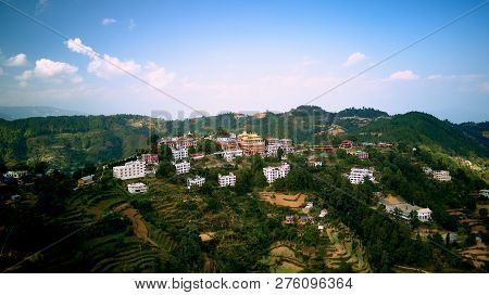 Ancient Buddhist Monastery In Himalayas Nepal From Air