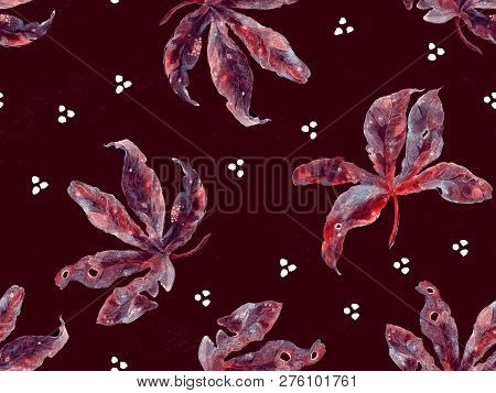 Red Rosy Exotic Pattern. Monstera And Hibiscus Flowers Tropical Bouquet.  Hawaiian T-shirt And Swimw