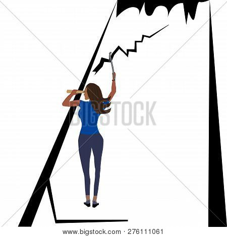 Woman Climber And Explorer On Mount, Flat Design