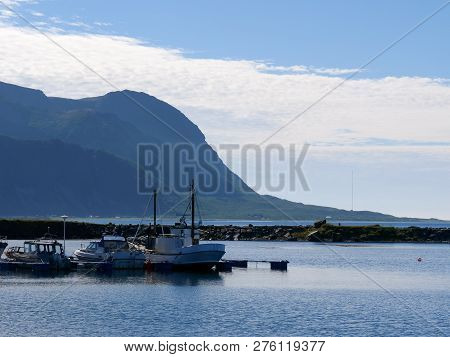 Scenic Seascape With Fishing Port At Hovsund Village, Gimsoya Lofoten Islands In Norway