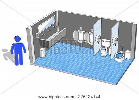 Public Toilet For Male With Facilities Isometric View, Vector Illustration