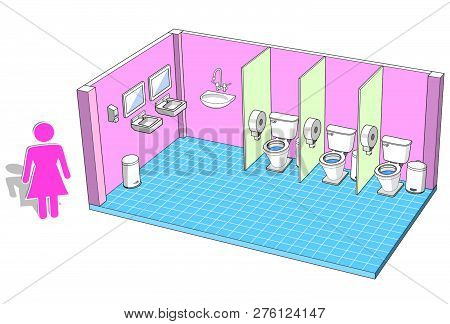 Public Toilet For Female With Facilities Isometric View, Vector Illustration