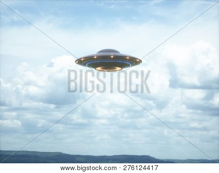 Unidentified Flying Object. Ufo With Clipping Path Included. 3d Illustration In Real Picture. 3d Ill