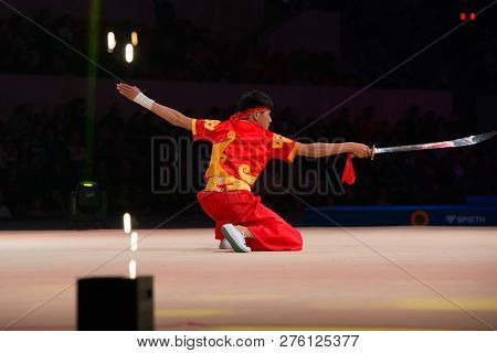 Moscow, Russia - November 16-17, 2018: Chinese Wushu Gymnasts At The 