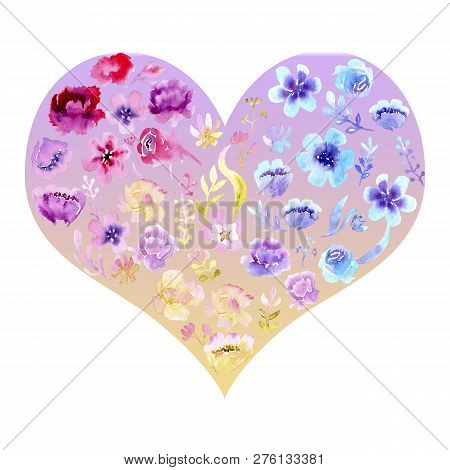 Watercolor Flowers In Heart, Lovers Day, Valentones Day