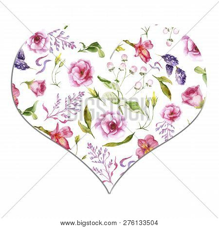 Watercolor Flowers In Heart, Lovers Day, Valentones Day