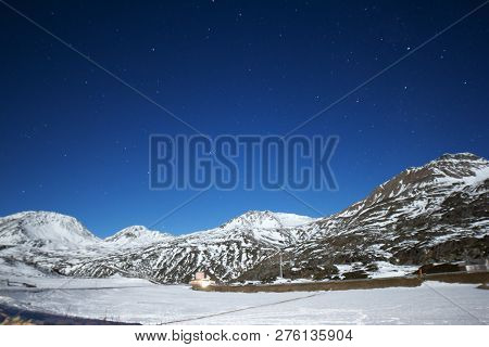 Starry Night On The Mountain Simplon - An Alps Pass (long Exposure Photograph)
